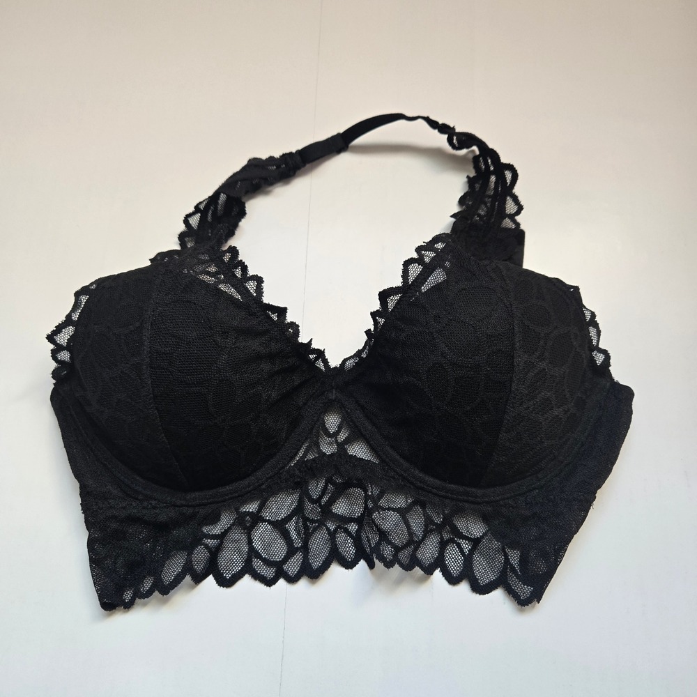 Victoria's Secret PINK Bralette Black Floral Lace Racerback Medium